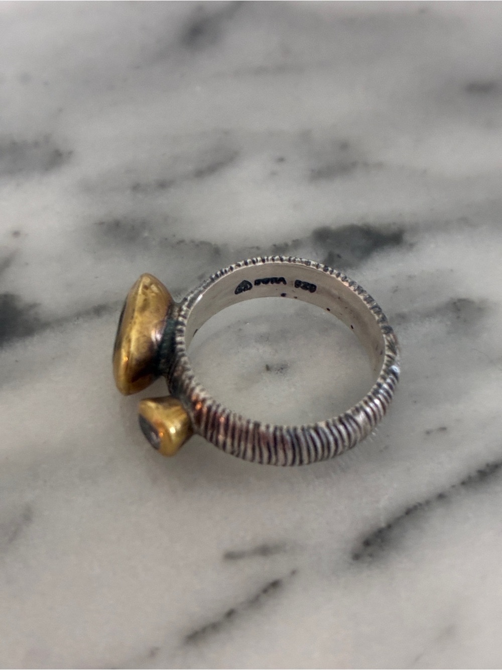 BORA 925 Sterling Silver Mixed Metal Two Stone Statement Ring - Picture 3 of 5